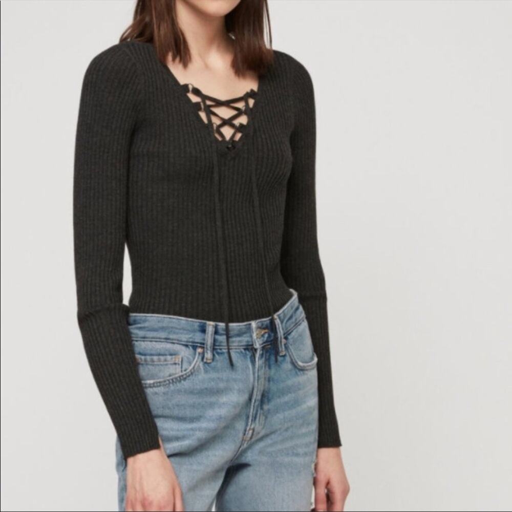 All Saints tamsin jumper black ribbed sweater lace up ring neckline Small NWT
